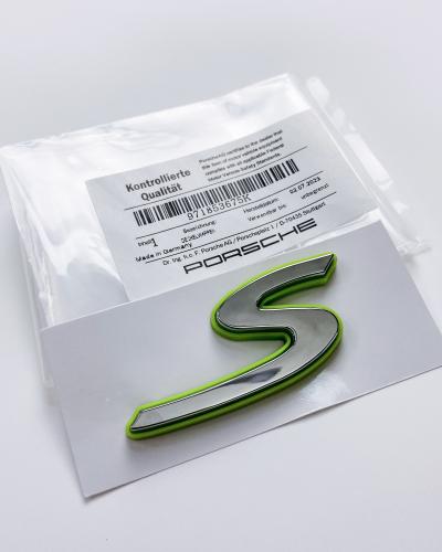 Porsche “S” Rear Emblem Badge Logo Nameplate Letter Green Base Sliver 971853675K