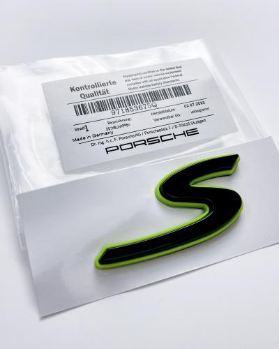 Porsche “S” Rear Emblem Badge Logo Nameplate Letter Green Base Black 971853675Q