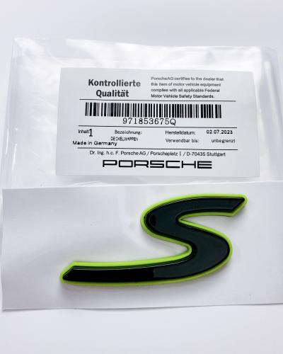 Porsche “S” Rear Emblem Badge Logo Nameplate Letter Green Base Black 971853675Q