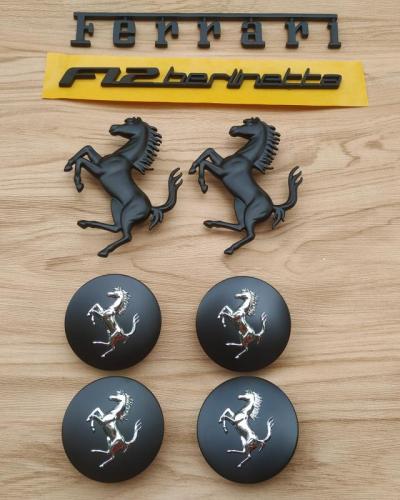 Ferrari F12 Front & Rear Horse Emblem Script & Wheel Caps Kit Matte Black