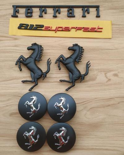 Ferrari 812 Front & Rear Horse Emblem Script & Wheel Caps Kit Matte Black