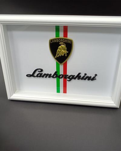 Lamborghini Emblem Wooden Glass Frame with White Border – Luxury Automotive Display