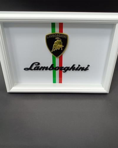 Lamborghini Emblem Wooden Glass Frame with White Border – Luxury Automotive Display