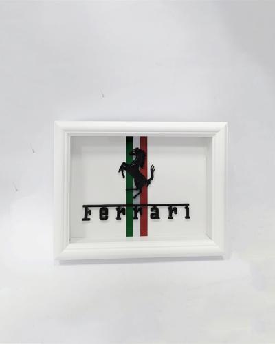 Ferrari Emblem Wooden Glass Frame with White Border – Luxury Automotive Display