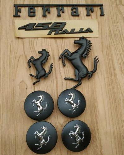 Ferrari 458 Italia Front & Rear Horse Emblem Script & Wheel Caps Kit Matte Black